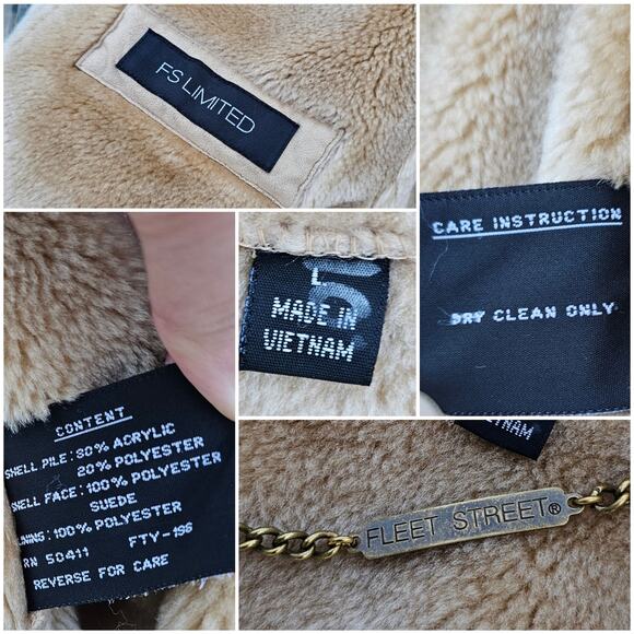 VTG 90s Penny Lane Coat Size L Tan Faux Suede Plush Fur Patchwork Fleet Street - Picture 5 of 11